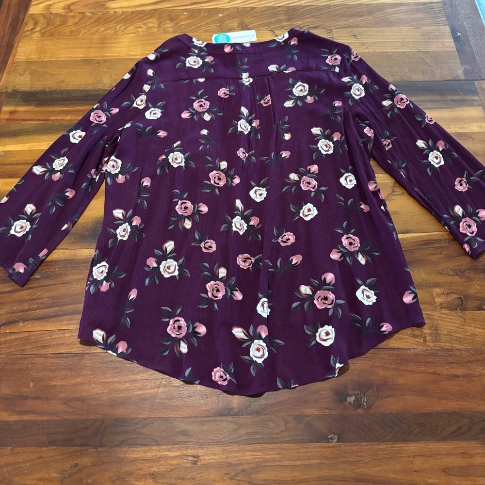 Fun2Fun Kearney Henley Top Dark Purple Floral Pintuck Blouse XL NEW